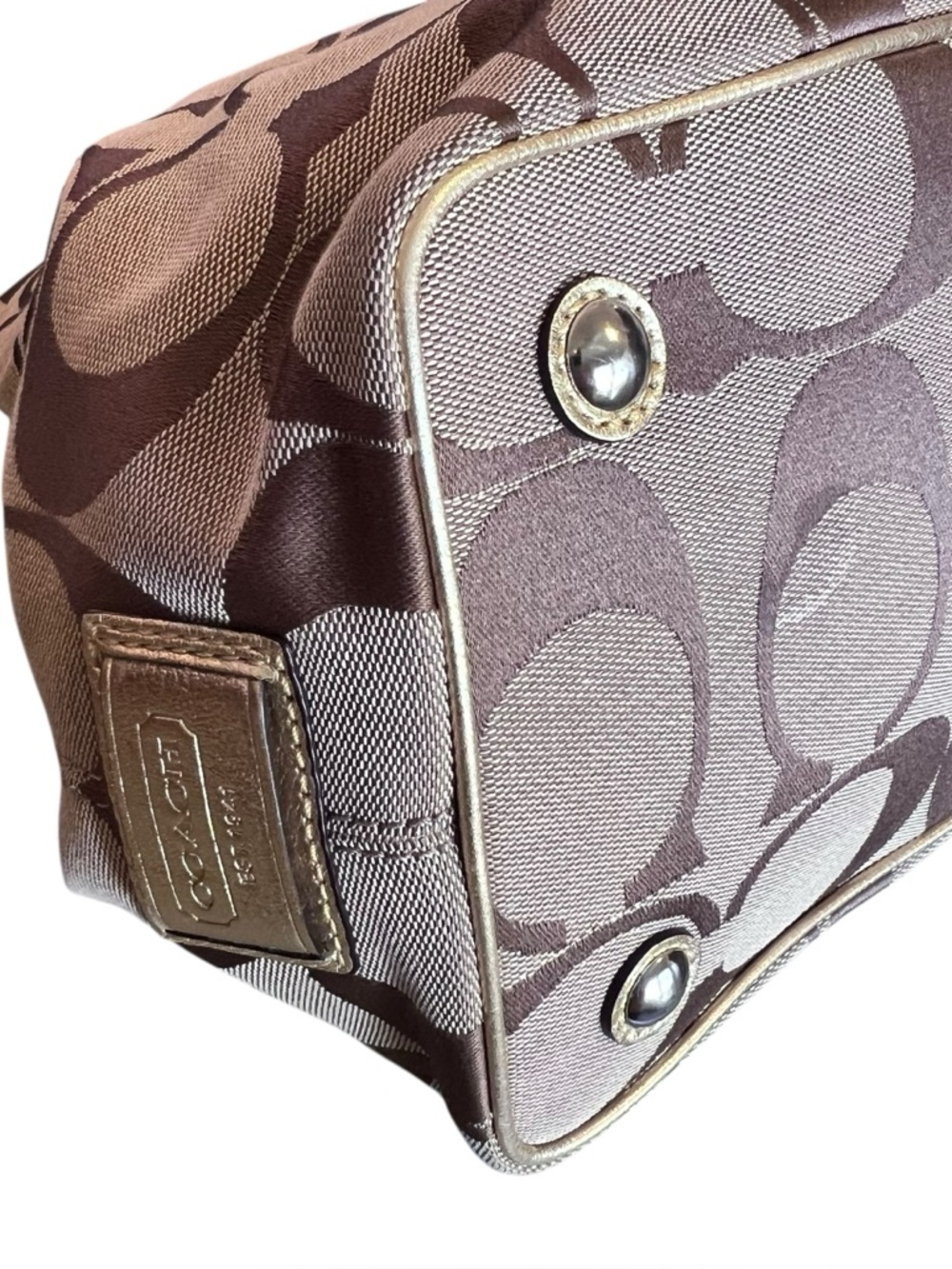 Coach Khaki Gold Y2K Vintage Kisslock Signature Stripe Framed Carryall Tote Bag - Picture 10 of 15